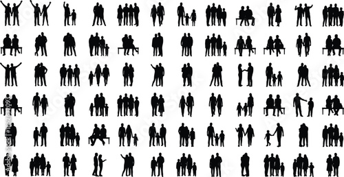 People silhouette vector set, family couple group poses collection, black human figures walking sitting standing, social lifestyle icons isolated