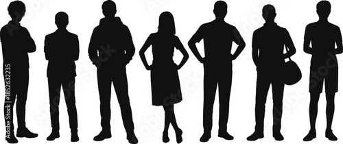 Standing people silhouettes men women youth group isolated black white background cad drawing flat vector illustration collection