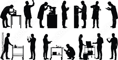 Scientist laboratory silhouette vector set, medical research professionals working, science experiment workflow, technology analysis, black silhouette illustration collection