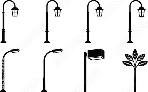 Street lamp and streetlight silhouettes set, modern and vintage outdoor lighting icons, urban lamp posts vector illustration collection