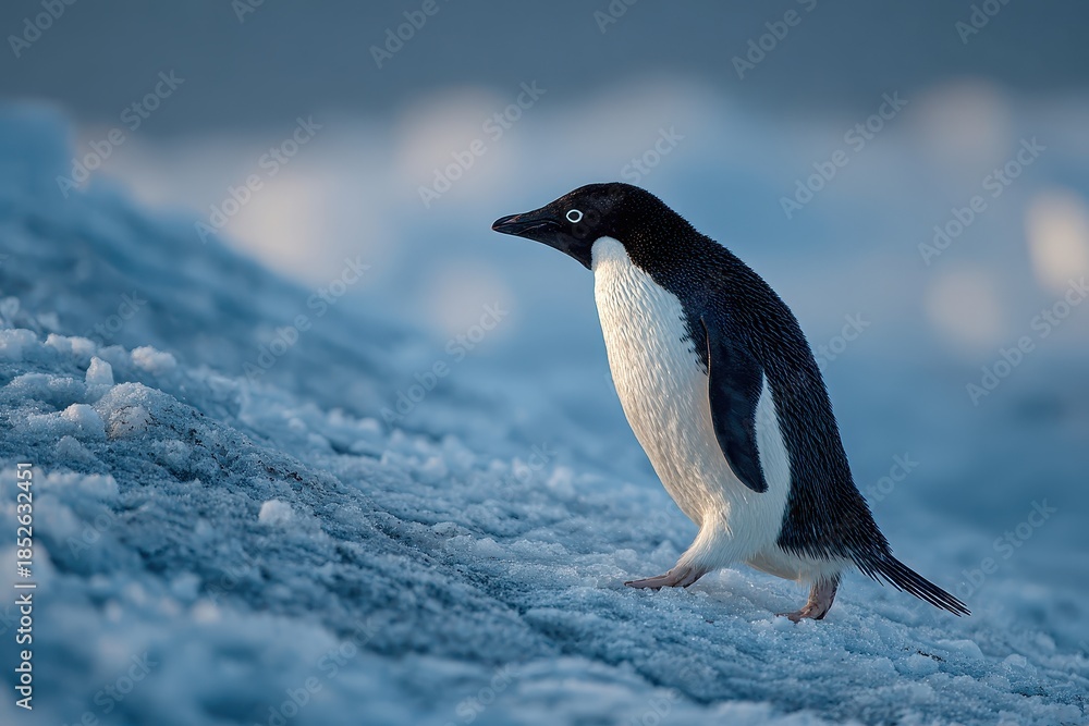 Fototapeta premium A lone Adelie penguin walks across the stark, icy landscape of Antarctica, its black and white plumage contrasting against the cool, blue-tinged ice