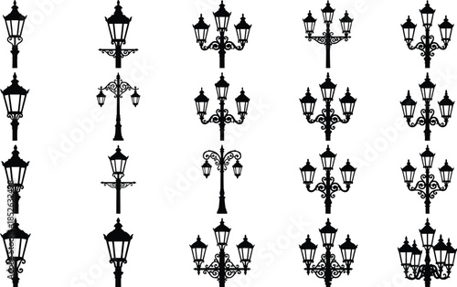 Vintage street lamp silhouette vector set, ornate classic lantern designs, black iron light posts, decorative urban lighting collection, illustration isolated
