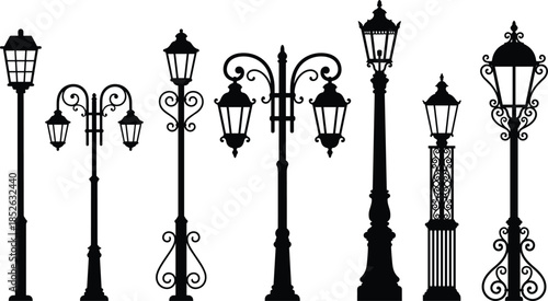 Vintage street lamp silhouette vector set, ornate classic lantern light posts collection, black decorative iron urban lighting designs isolated