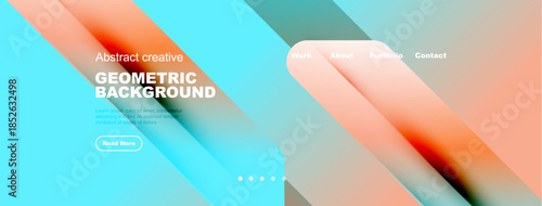 Abstract geometric background. Turquoise, orange hues blend. Website header with navigation options, text, button visible. Modern design.