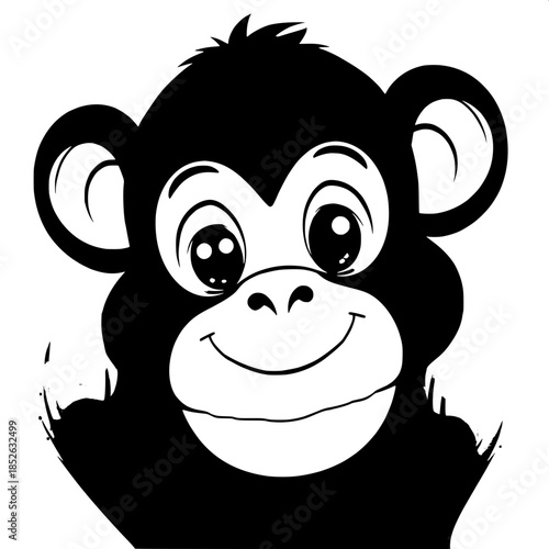 Cute monkey mascot illustration with simplified anatomy, solid black fur that is smooth and glossy, round shapes that give it a plush-like appearance, a friendly smile that showcases small white teeth