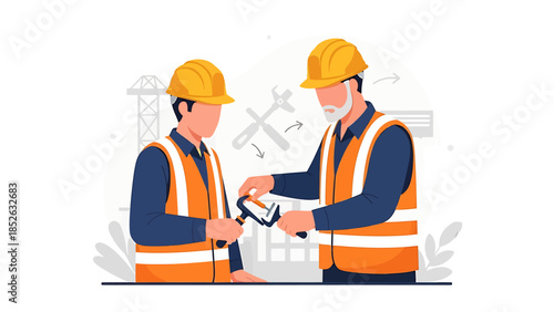 Two construction workers collaborating on a blueprint.