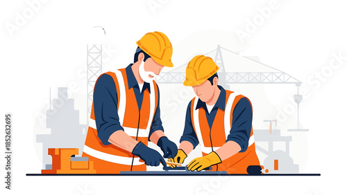 Two construction workers collaborating on a project.