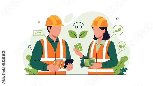 Two construction workers in safety vests and hard hats discussing eco-friendly practices.