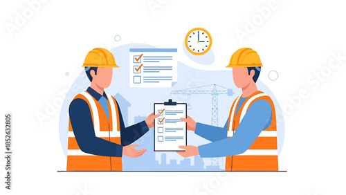 Two construction workers reviewing a checklist on a clipboard.