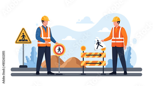 Two construction workers with safety vests and hard hats.