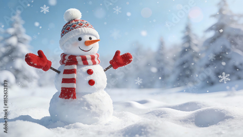 Cheerful Snowman in Winter Wonderland with Snowflakes and Trees