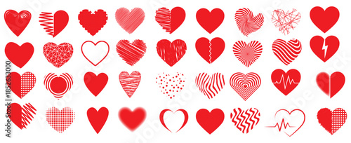 Set of red hearts icon, heart hand draw - stock vector illustration