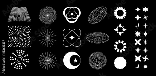 Abstract geometric vector symbols set with halftone dots, spirals, stars, flowers and wireframe shapes on black background, modern decorative elements for graphic design, branding and creative project