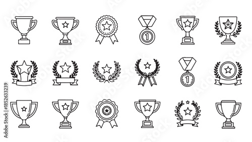 Bild auf Leinwand Collection of outline icons representing various awards, trophies, medals, and c