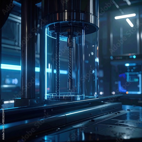 Close-up of a futuristic scientific machine.  A clear, cylindrical chamber houses a metallic rod.  Dark, metallic parts and glowing blue lights surround the apparatus in a laboratory setting