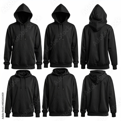 Six black hoodies, front and back views, isolated on white
