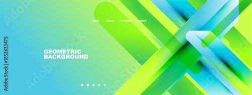 Abstract geometric design. Vibrant colors overlap creating dynamic visual effect. Text elements present top, bottom.