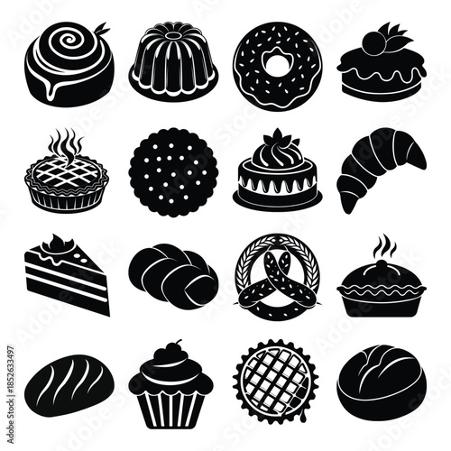 A set of sixteen minimalist black silhouette icons representing various bakery items on a white background.