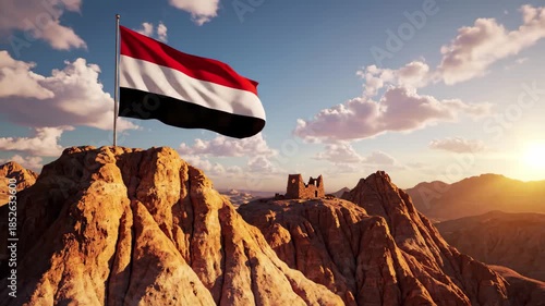 Flag of yemen waving on a rugged mountain peak at sunset with ancient ruins nearby, 4k