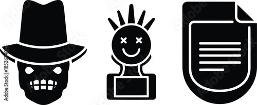 Black and white icons of a hat smiling trophy and document