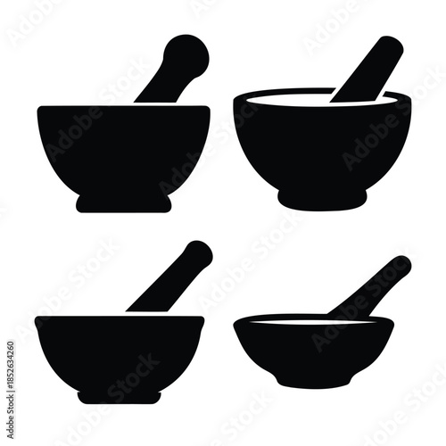 Mortar and pestle icon set for pharmacy, herbs, medicine