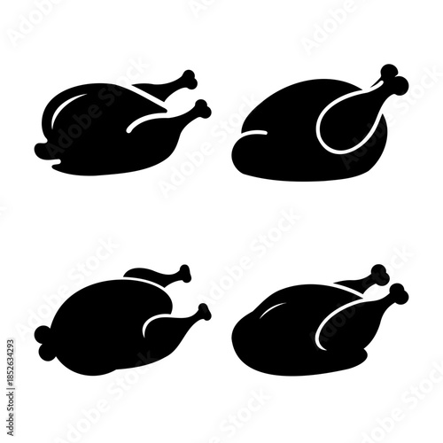 Four stylized whole roasted chicken silhouette icons set for food