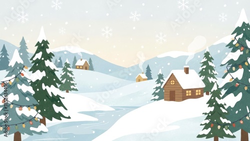 Peaceful Winter Cabin in Snowy Mountain Landscape.