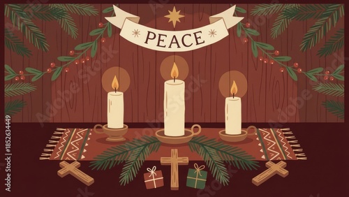 Peaceful Advent Table Scene with Candles and Gifts.
