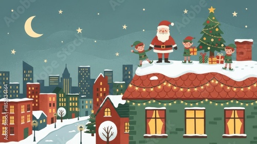 Winter City Rooftop Christmas Scene with Santa Claus.
