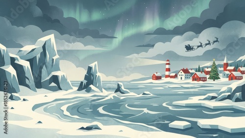 Wind Swept Winter Coast with Lighthouses and Aurora.