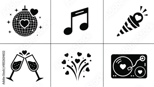 Celebratory Party Icons: Music, Hearts, and Fun Symbols