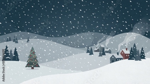 Peaceful Winter Village Surrounded by Snowy Hills.