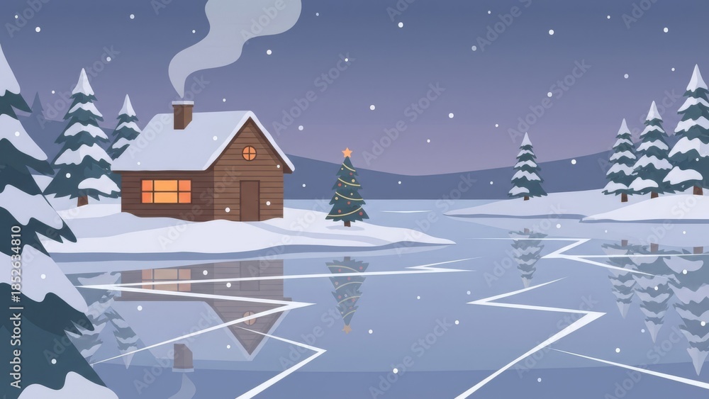 Fototapeta premium Cozy Winter Cabin by a Snow Covered Lake at Dusk.