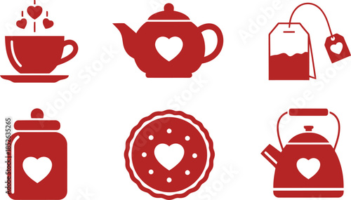 Charming Red Tea Set Icons for Love and Valentine's Day