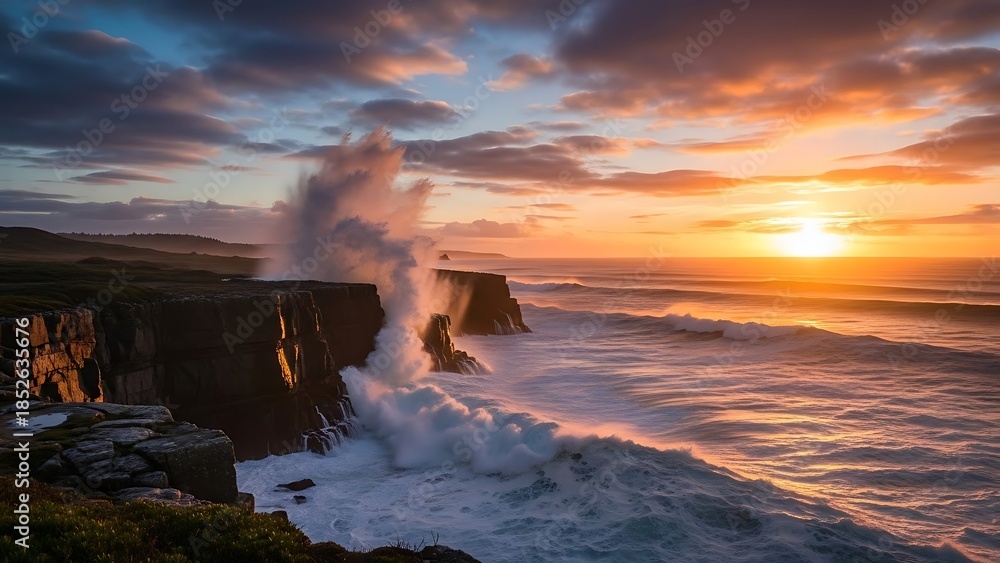 Fototapeta premium Dramatic Golden Sunset Illuminates Powerful Ocean Waves Crashing Against Rugged Sea Cliffs.