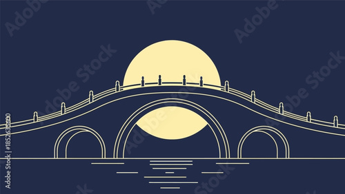 Traditional Chinese arched stone bridge over water at night with full moon illustration.