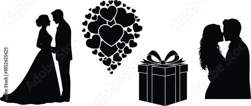 Romantic wedding silhouettes with gift and hearts