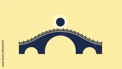 Minimalist illustration of a dark blue arched bridge with a circular sun against a light yellow background.