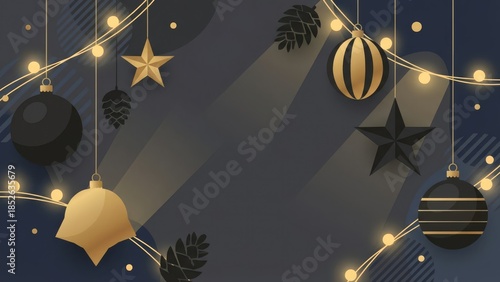 Festive Night Scene with Hanging Ornaments and Lights.