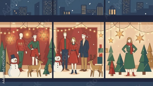 Cozy Winter Christmas Window Display With People and Trees.