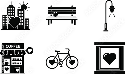Charming City Icons: Love, Coffee, and Urban Life Elements