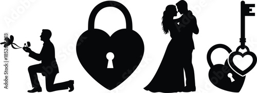Romantic silhouette of proposal and love symbols