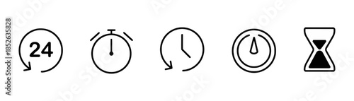 24 Hours Open Icon Set Vector Illustration Isolated on White Background Showing Time Clock Hourglass Concept for Service Available all Day and Night in Many Style