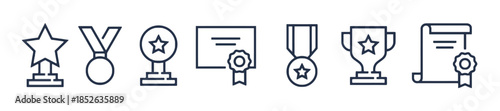Achievement Award Medal Certificate and Trophy Icon Set with Star Medal Ribbon and Diploma for Success and Recognition Concept