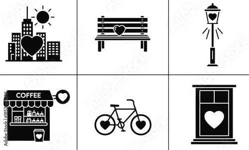 Charming Urban Icons with Hearts for Romantic Themes