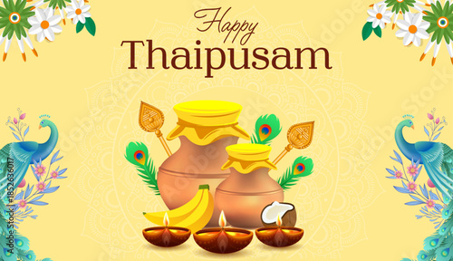 Thaipusam Hindu Festival Illustration with Offerings Pots and Peacock Feathers, Traditional Religious Celebration Background