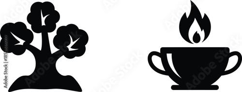 Silhouette of tree and steaming cup icons
