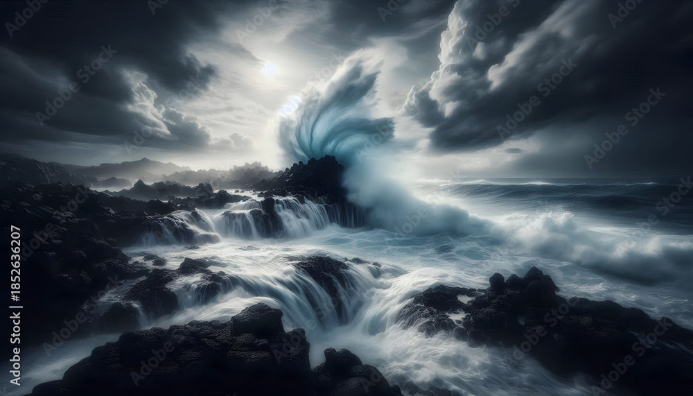 Fototapeta premium Massive Ocean Wave under Stormy Sky – Dramatic Seascape with Turbulent Waters and Moody Light