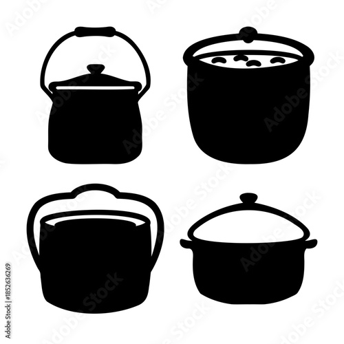 Set of various kitchen cooking pots and buckets in icon style