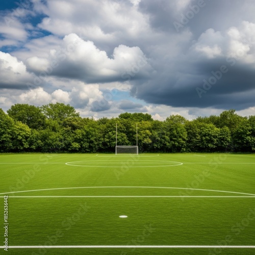 Empty green football field under dramatic cloudy sky